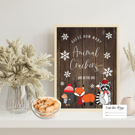 Guess How Many Baby Shower Game Set - Winter Woodland Animal Crackers Guessing Activity