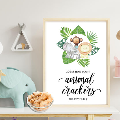 Jungle Animal Baby Shower Game Guess How Many Sign, Guessing Cards, and Prize Holder Set - Safari