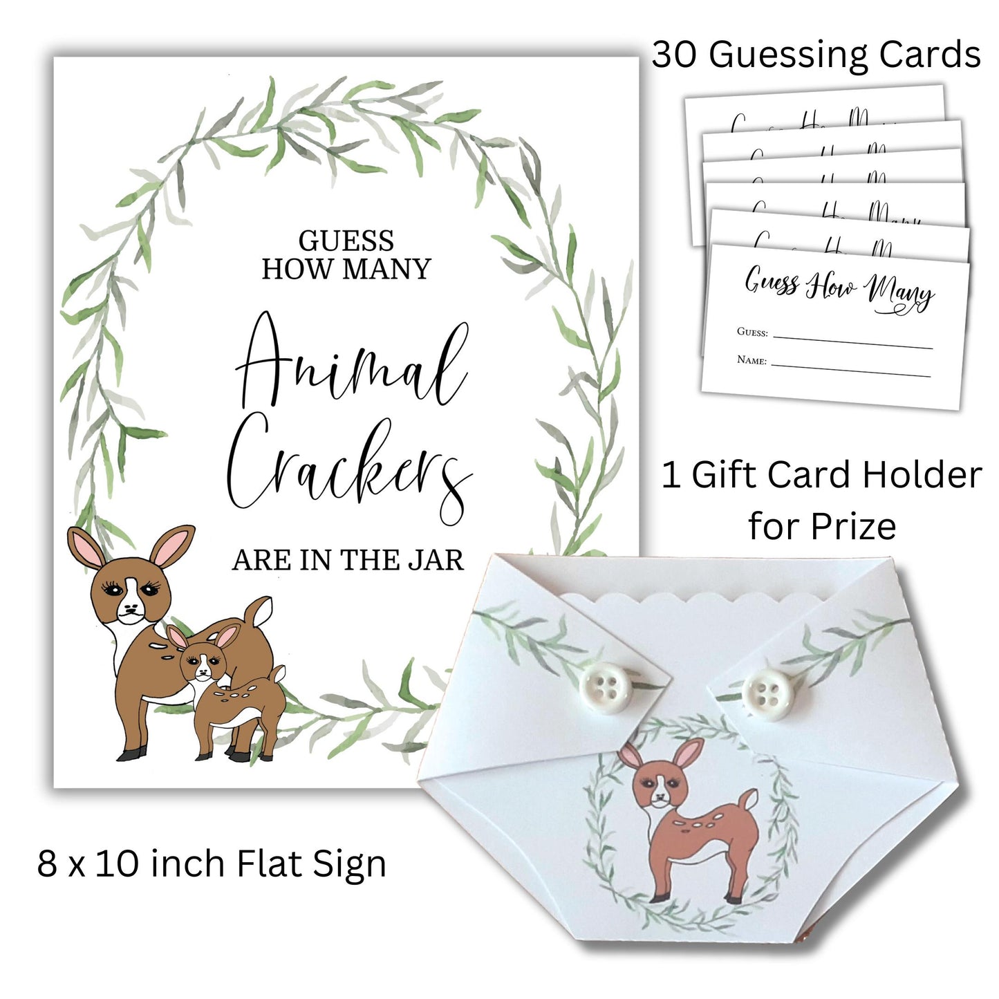 Guess How Many Baby Shower Game Set - Woodland Animals - Sign, 30 Cards, Gift Card Holder for Prize