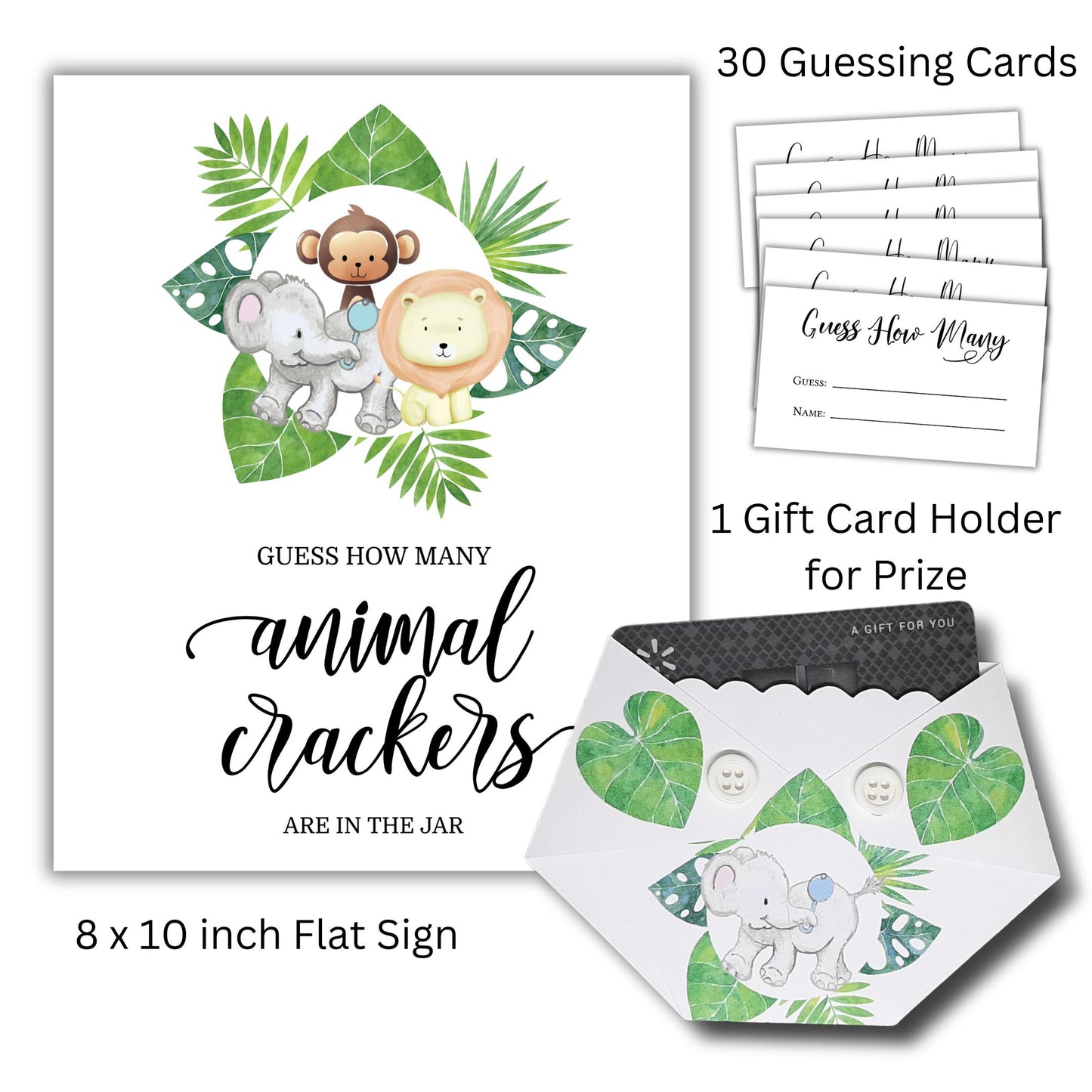 Jungle Animal Baby Shower Game Guess How Many Sign, Guessing Cards, and Prize Holder Set - Safari
