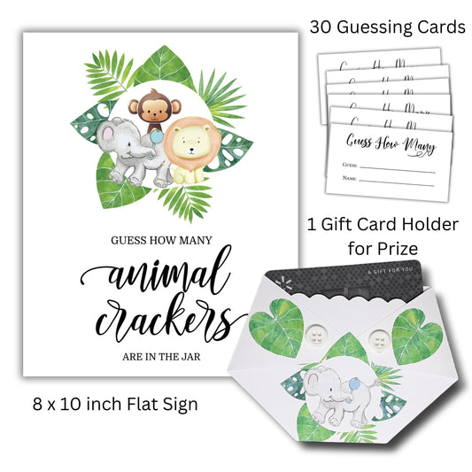 Jungle Animal Baby Shower Game Guess How Many Sign, Guessing Cards, and Prize Holder Set - Safari