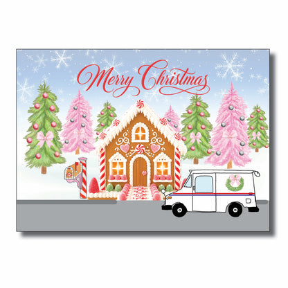 Christmas Card from Mail Lady - Pink Gingerbread Holiday card from mail carrier - Pack of 50 (Mail Lady)