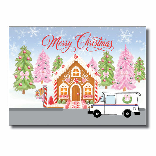Christmas Card from Mail Lady - Pink Gingerbread Holiday card from mail carrier - Pack of 50 (Mail Lady)