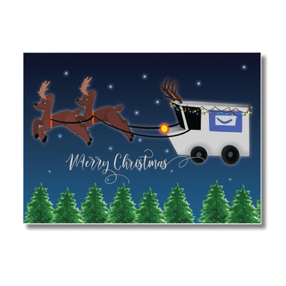 reindeer pulling a mail truck through the sky on christmas postcard from mail carriers