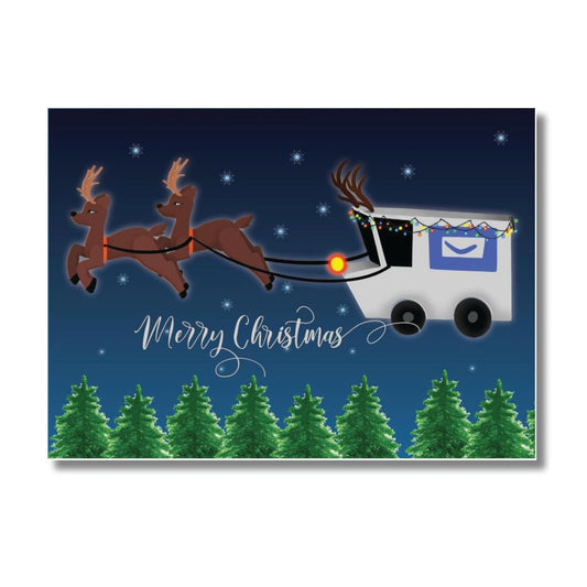 reindeer pulling a mail truck through the sky on christmas postcard from mail carriers