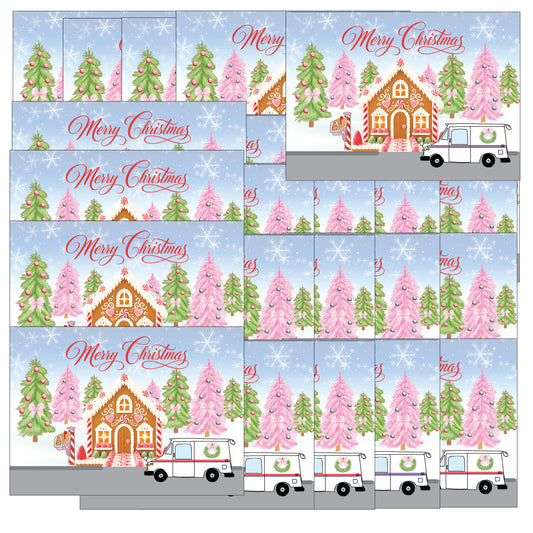 Christmas Card from Mail Lady - Pink Gingerbread Holiday card from mail carrier - Pack of 50 (Mail Lady)