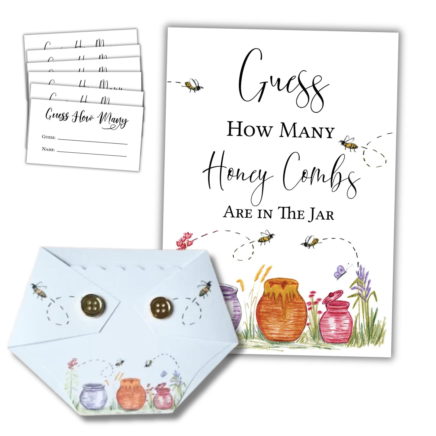 Guess How Many Baby Shower Game Set - Bee Themed Honey Comb Guessing Activity