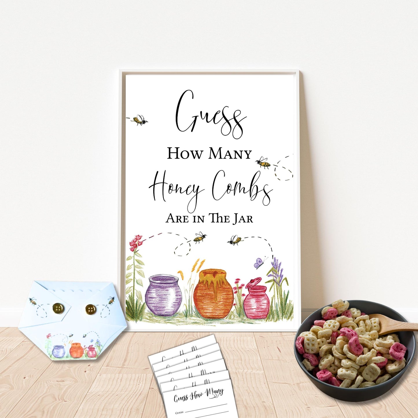 Guess How Many Baby Shower Game Set - Bee Themed Honey Comb Guessing Activity