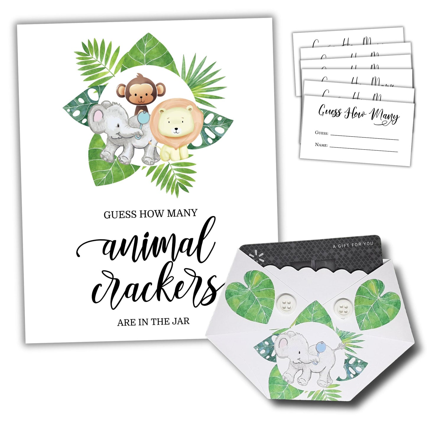 Jungle Animal Baby Shower Game Guess How Many Sign, Guessing Cards, and Prize Holder Set - Safari