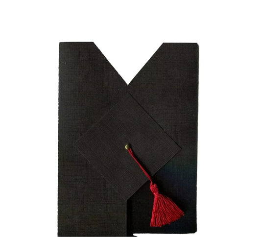 A graduation congratulations card that looks like a black graduation gown with a cap and with a red tassel attached to it.
