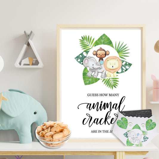 Jungle Animal Baby Shower Game Guess How Many Sign, Guessing Cards, and Prize Holder Set - Safari