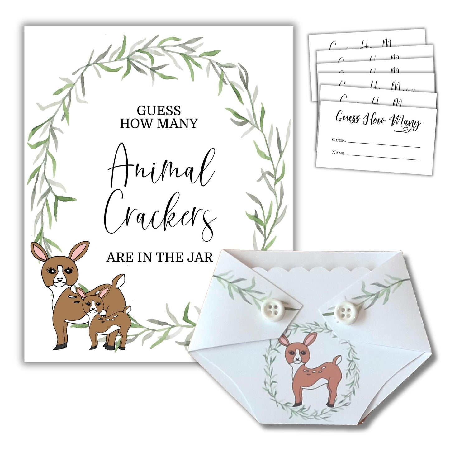 Guess How Many Baby Shower Game Set - Woodland Animals - Sign, 30 Cards, Gift Card Holder for Prize