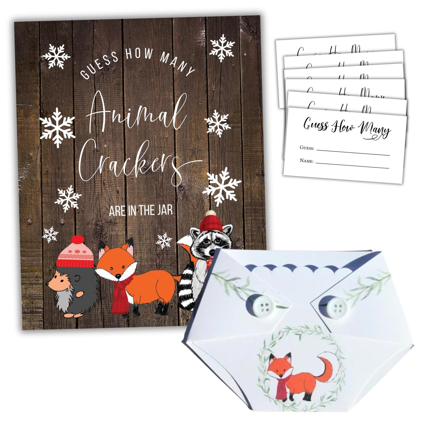 Guess How Many Baby Shower Game Set - Winter Woodland Animal Crackers Guessing Activity