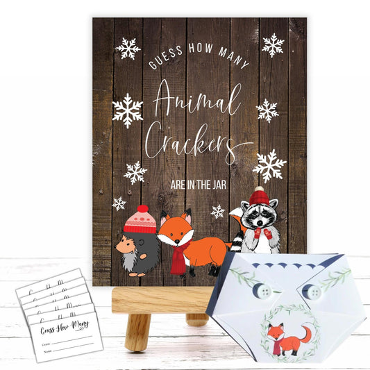 Guess How Many Baby Shower Game Set - Winter Woodland Animal Crackers Guessing Activity