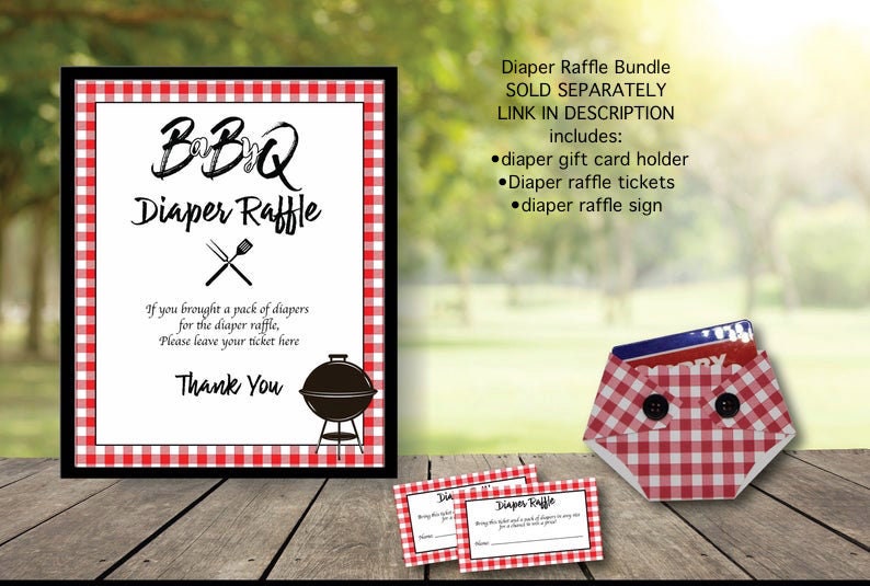 red plaid Baby Q diaper raffle bundle with sign, diaper shaped gift card holder for prize and raffle tickets