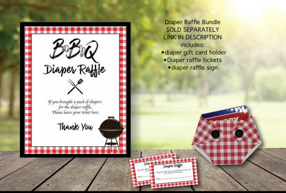 red plaid Baby Q diaper raffle bundle with sign, diaper shaped gift card holder for prize and raffle tickets