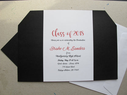 The unfolded graduation invitation showing the custom announcement inside