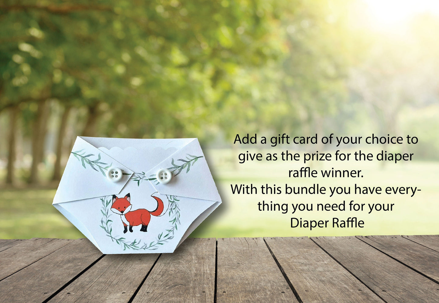 Woodland Baby Shower Diaper Raffle Bundle - Includes Printed Raffle Sign, Prize for Winner, Diaper Raffle Tickets