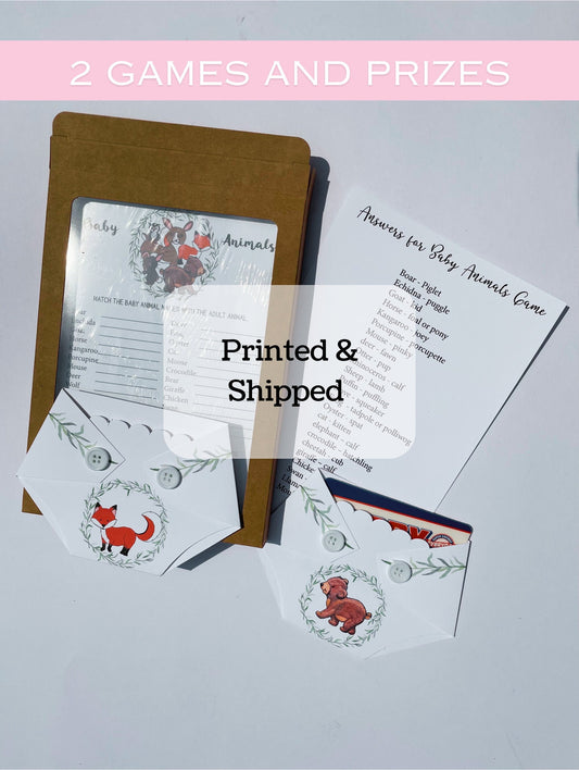 Woodland Baby Shower Games and Shower Game Prize Set with Forest Animals