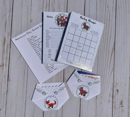 Woodland Baby Shower Games and Shower Game Prize Set with Forest Animals