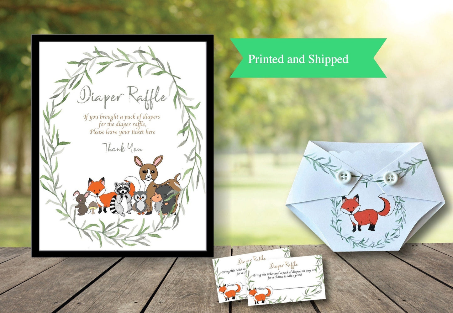 Woodland Baby Shower Diaper Raffle Bundle - Includes Printed Raffle Sign, Prize for Winner, Diaper Raffle Tickets