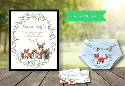 Woodland Baby Shower Diaper Raffle Bundle - Includes Printed Raffle Sign, Prize for Winner, Diaper Raffle Tickets