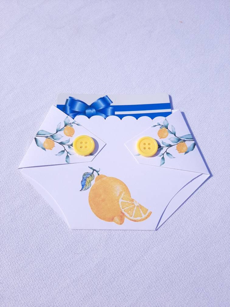 diaper shaped gift card holder with an lemon design and buttons for a baby shower